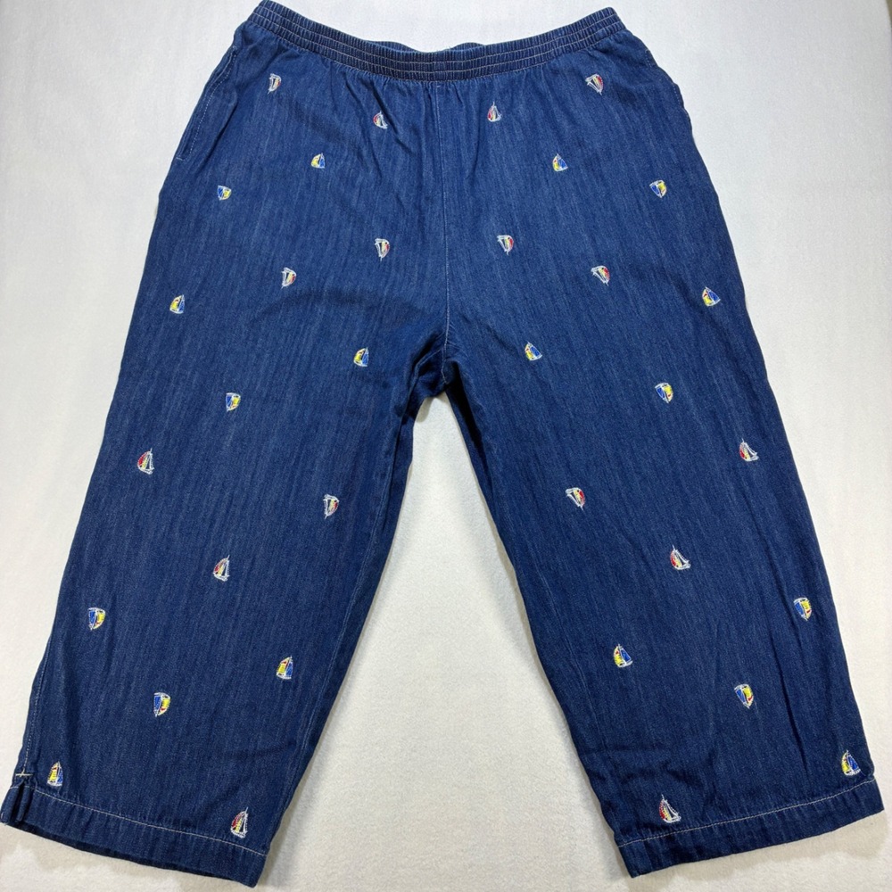 Napa Valley Sailboat Embroidered Denim Crop Pants Womens XL Blue Elastic Waist